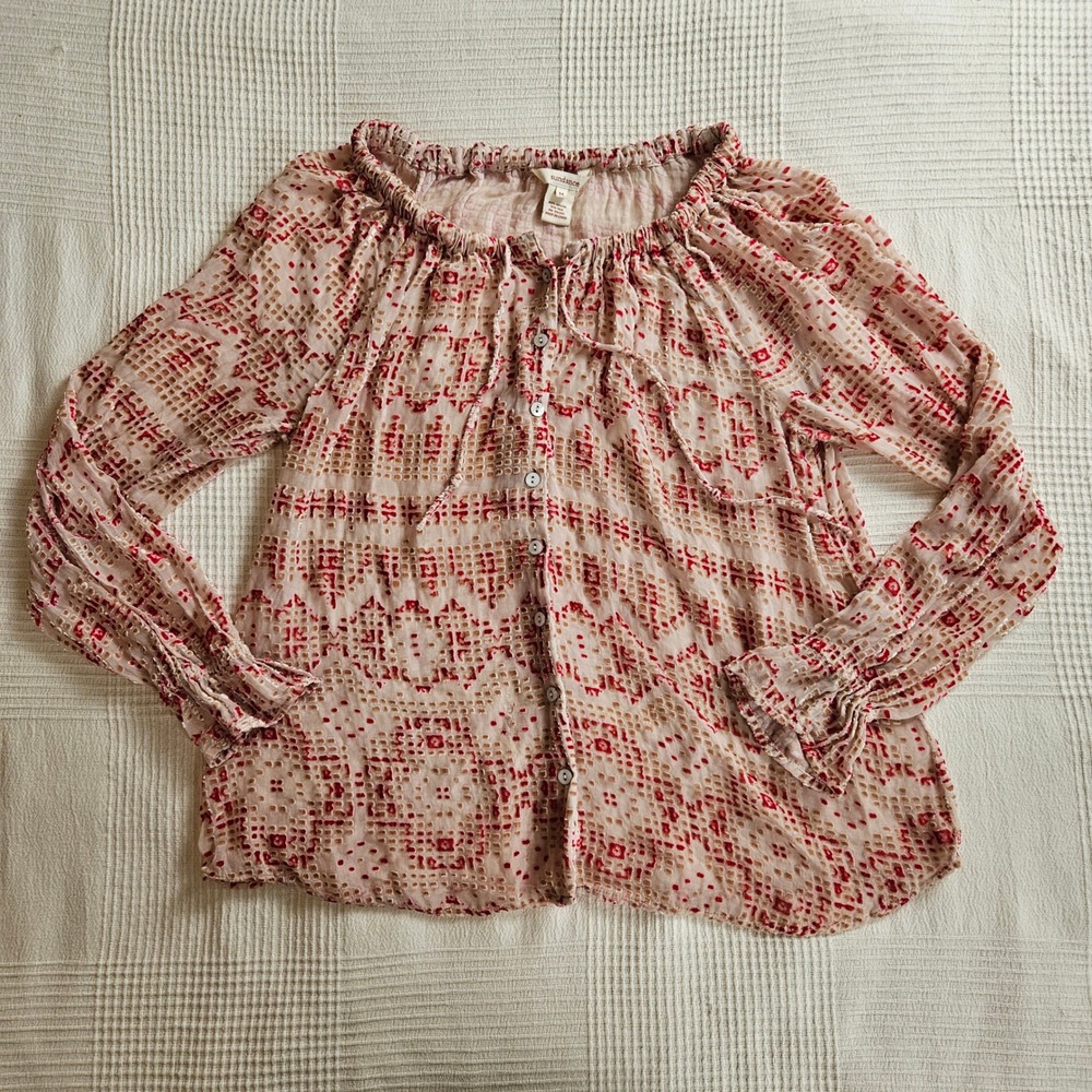 Sundance Silk Blend Burnout Peasant Top Red Tan Cottagecore Desert Boho Women M